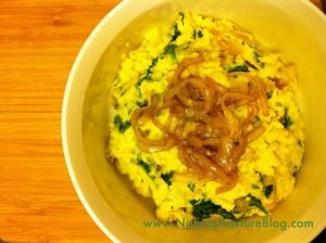 mashed potatoes with dandelion greens and carmelized onions
